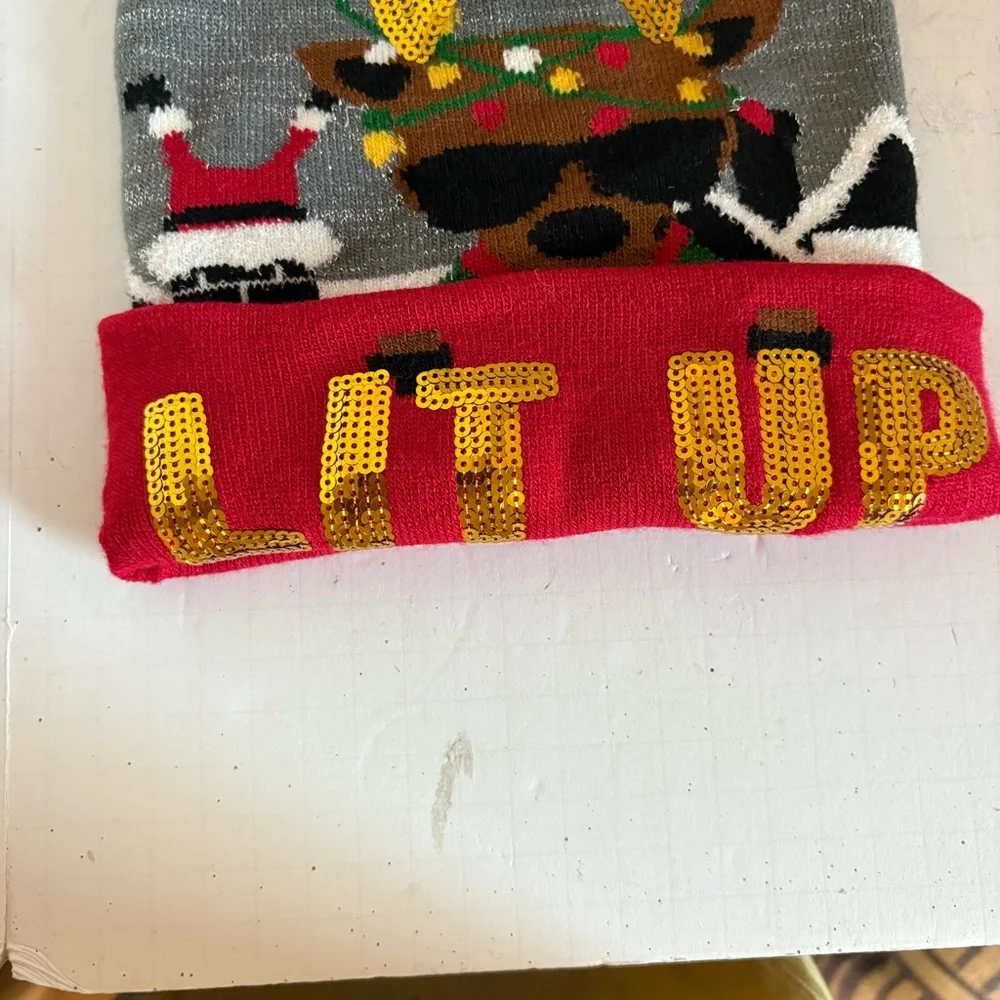 Holiday Beanie with Pom Pom - Gray and Red - Picture 2 of 5